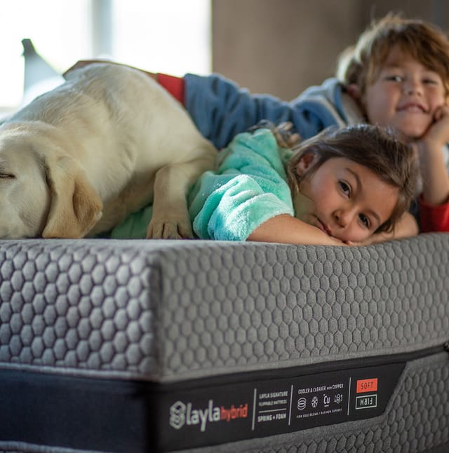 Two children and dog laying on hybrid mattress