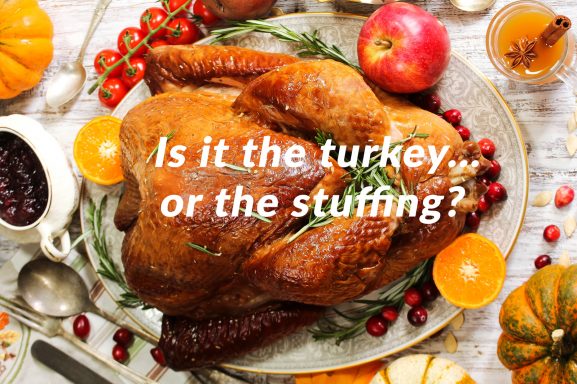 Turkey dinner with text "Is it the turkey or the stuffing? "