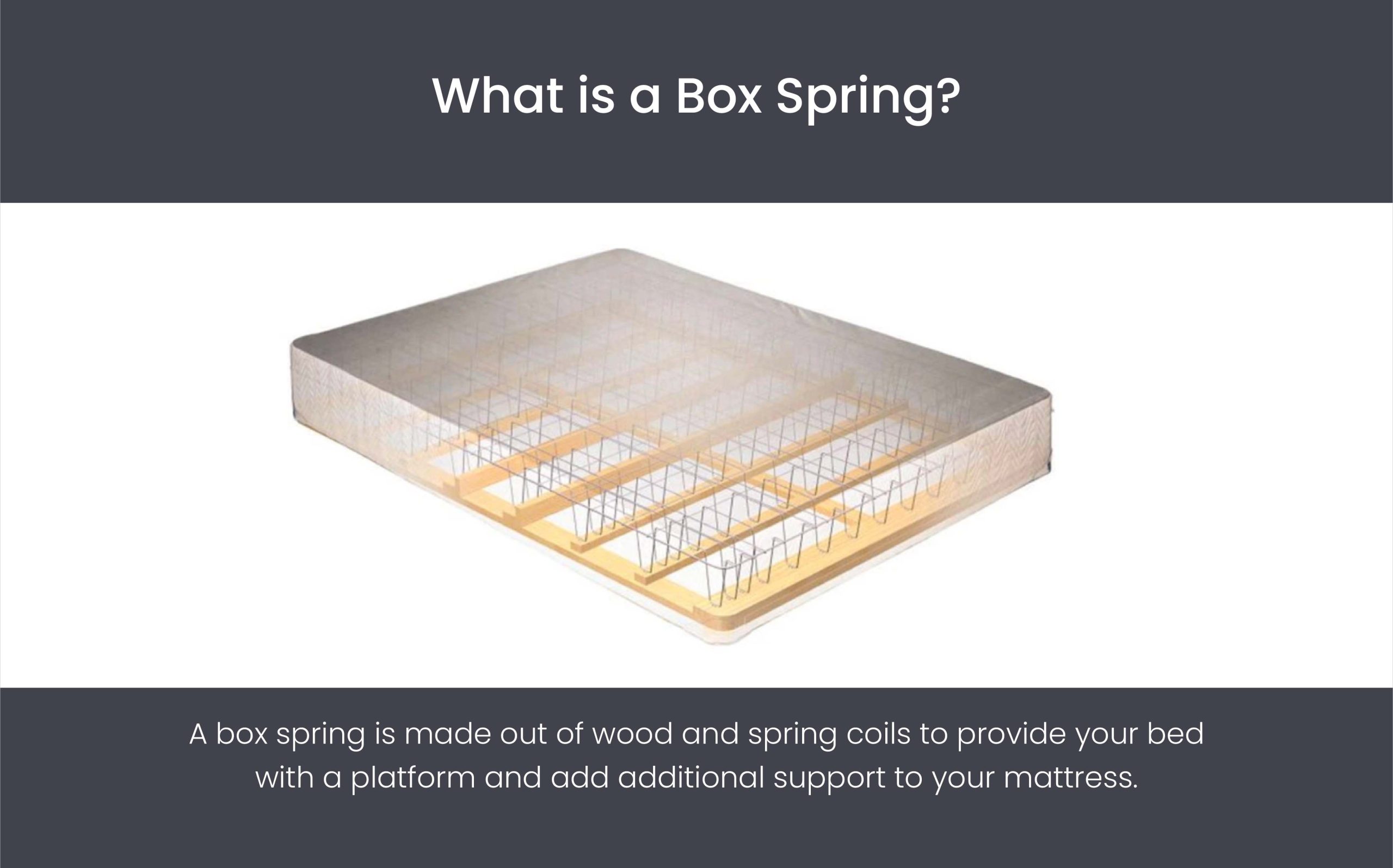 A box spring is mad out of wood and spring coils to provide your bed with a platform and additional support to your mattress.